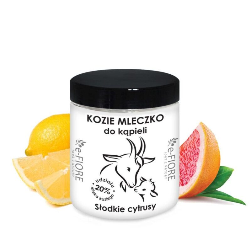 e-Fiore Naturalne Kozie Mleko do kąpieli, z Kolagenem, Pantenolem, Olejkiem Jojoba SŁODKIE CYTRUSY 400G