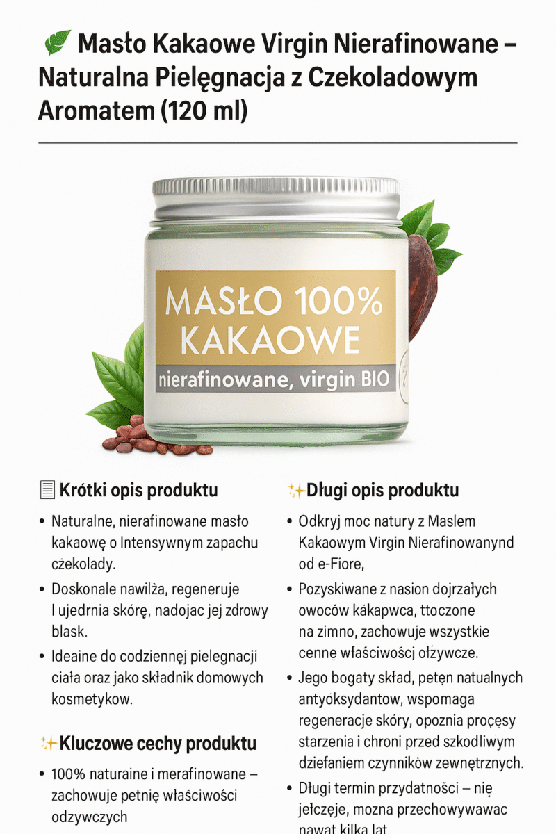 Masło Kakaowe Virgin Nierafinowane – Naturalna Pielęgnacja z Czekoladowym Aromatem (120 ml) - obrazek 2